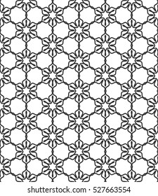 Seamless geometric line pattern in arabian style, ethnic ornament. Endless hexagonal texture for wallpaper, banners, invitation cards. Black and white graphic lace background