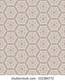 Seamless geometric line pattern in arabian style, ethnic ornament. Endless hexagonal texture for wallpaper, banners, invitation cards. Brown and white graphic lace background