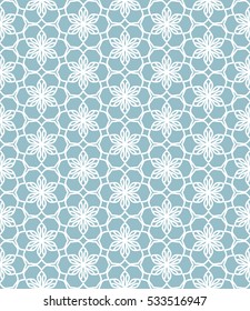 Seamless geometric line pattern in arabian style, ethnic ornament. Endless hexagonal texture for wallpaper, banners, invitation cards. Blue and white graphic lace background