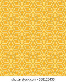 Seamless geometric line pattern in arabian style, ethnic ornament. Endless hexagonal texture for wallpaper, banners, invitation cards. Yellow gold and white graphic lace background