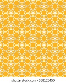 Seamless geometric line pattern in arabian style, ethnic ornament. Endless hexagonal texture for wallpaper, banners, invitation cards. Yellow gold and white graphic lace background