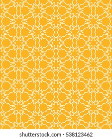 Seamless geometric line pattern in arabian style, ethnic ornament. Endless hexagonal texture for wallpaper, banners, invitation cards. Yellow gold and white graphic lace background