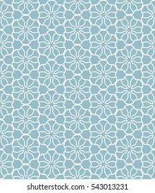 Seamless geometric line pattern in arabian style, ethnic ornament. Endless hexagonal texture for wallpaper, banners, invitation cards. Blue and white graphic lace background