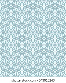 Seamless geometric line pattern in arabian style, ethnic ornament. Endless hexagonal texture for wallpaper, banners, invitation cards. Blue and white graphic lace background
