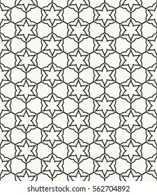 Seamless geometric line pattern in arabian style, ethnic ornament. Black and white hexagonal texture for wallpaper, banners, invitations, business cards. Monochrome graphic lace background