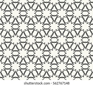 Seamless geometric line pattern in arabian style, ethnic ornament. Black and white hexagonal texture for wallpaper, banners, invitations, business cards. Monochrome graphic lace background