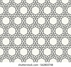 Seamless geometric line pattern in arabian style, ethnic ornament. Black and white hexagonal texture for wallpaper, banners, invitations, business cards. Monochrome graphic lace background