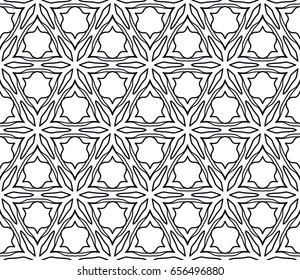 Seamless geometric line pattern in arabian style. Repeating linear texture for wallpaper, packaging, banners, invitations, business cards, fabric print. Black and white background, lace pattern