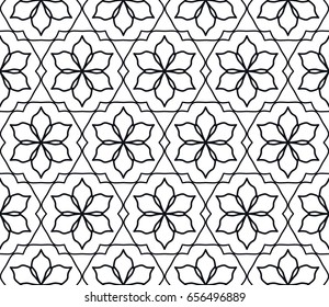 Seamless geometric line pattern in arabian style. Repeating linear texture for wallpaper, packaging, banners, invitations, business cards, fabric print. Black and white background, lace pattern