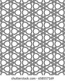 Seamless geometric line pattern in arabian style. Repeating linear texture for wallpaper, packaging, banners, invitations, business cards, fabric print. Monochrome graphic background, lace pattern
