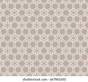 Seamless geometric line pattern in arabian style. Repeating linear lace texture for wallpaper, packaging, banners, invitations, business cards, fabric print. Brown and white graphic background