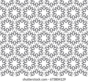 Seamless geometric line pattern in arabian style. Repeating linear lace texture for wallpaper, packaging, banners, invitations, business cards, fabric print. Black and white graphic background