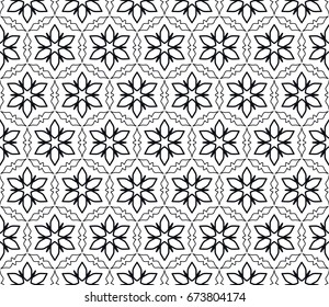 Seamless geometric line pattern in arabian style. Repeating linear lace texture for wallpaper, packaging, banners, invitations, business cards, fabric print. Black and white graphic background