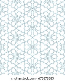 Seamless geometric line pattern in arabian style. Repeating linear lace texture for wallpaper, packaging, banners, invitations, business cards, fabric print. Blue and white graphic background