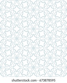 Seamless geometric line pattern in arabian style. Repeating linear lace texture for wallpaper, packaging, banners, invitations, business cards, fabric print. Blue and white graphic background