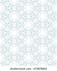 Seamless geometric line pattern in arabian style. Repeating linear lace texture for wallpaper, packaging, banners, invitations, business cards, fabric print. Blue and white graphic background