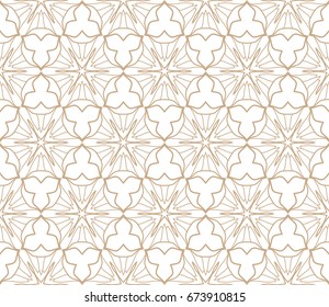 Seamless geometric line pattern in arabian style. Repeating linear lace texture for wallpaper, packaging, banners, invitations, business cards, fabric print. Brown and white graphic background
