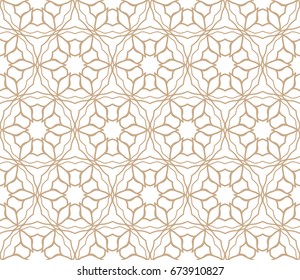 Seamless geometric line pattern in arabian style. Repeating linear lace texture for wallpaper, packaging, banners, invitations, business cards, fabric print. Brown and white graphic background