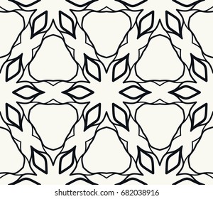 Seamless geometric line pattern in arabian style. Repeating linear lace texture for wallpaper, packaging, banners, invitations, business cards, fabric print. Black and white graphic background