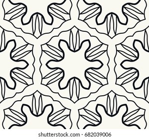 Seamless geometric line pattern in arabian style. Repeating linear lace texture for wallpaper, packaging, banners, invitations, business cards, fabric print. Black and white graphic background