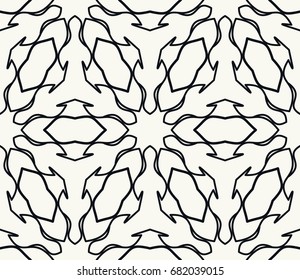 Seamless geometric line pattern in arabian style. Repeating linear lace texture for wallpaper, packaging, banners, invitations, business cards, fabric print. Black and white graphic background