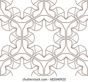Seamless geometric line pattern in arabian style. Repeating linear lace texture for wallpaper, packaging, banners, invitations, business cards, fabric print. Brown and white graphic background