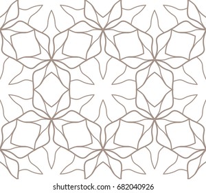 Seamless geometric line pattern in arabian style. Repeating linear lace texture for wallpaper, packaging, banners, invitations, business cards, fabric print. Brown and white graphic background
