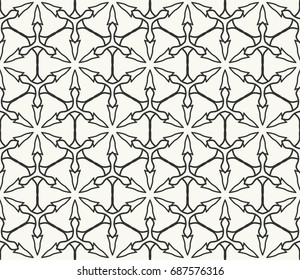 Seamless geometric line pattern in arabian style. Repeating linear lace texture for wallpaper, packaging, banners, invitations, business cards, fabric print. Black and white graphic background