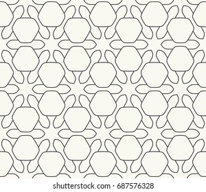 Seamless geometric line pattern in arabian style. Repeating linear lace texture for wallpaper, packaging, banners, invitations, business cards, fabric print. Black and white graphic background