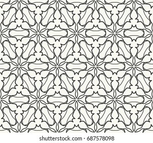 Seamless geometric line pattern in arabian style. Repeating linear lace texture for wallpaper, packaging, banners, invitations, business cards, fabric print. Black and white graphic background