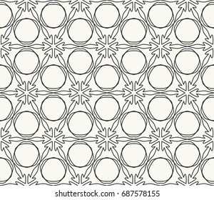 Seamless geometric line pattern in arabian style. Repeating linear lace texture for wallpaper, packaging, banners, invitations, business cards, fabric print. Black and white graphic background