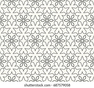 Seamless geometric line pattern in arabian style. Repeating linear lace texture for wallpaper, packaging, banners, invitations, business cards, fabric print. Black and white graphic background
