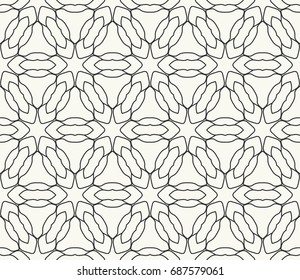 Seamless geometric line pattern in arabian style. Repeating linear lace texture for wallpaper, packaging, banners, invitations, business cards, fabric print. Black and white graphic background