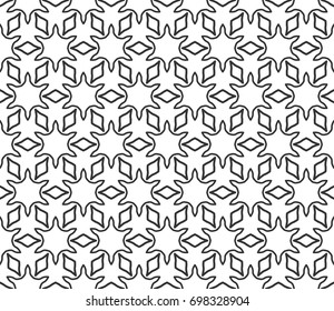 Seamless geometric line pattern in arabian style. Repeating linear lace texture for wallpaper, packaging, banners, invitations, business cards, fabric print. Black and white graphic background