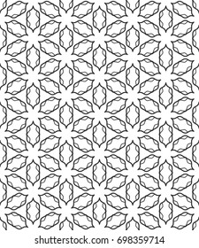 Seamless geometric line pattern in arabian style. Repeating linear lace texture for wallpaper, packaging, banners, invitations, business cards, fabric print. Black and white graphic background