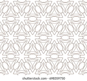 Seamless geometric line pattern in arabian style. Repeating linear lace texture for wallpaper, packaging, banners, invitations, business cards, fabric print. Brown and white graphic background