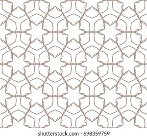 Seamless geometric line pattern in arabian style. Repeating linear lace texture for wallpaper, packaging, banners, invitations, business cards, fabric print. Brown and white graphic background