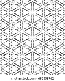 Seamless geometric line pattern in arabian style. Repeating linear lace texture for wallpaper, packaging, banners, invitations, business cards, fabric print. Black and white graphic background