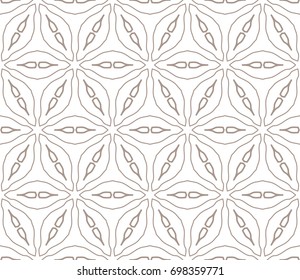 Seamless geometric line pattern in arabian style. Repeating linear lace texture for wallpaper, packaging, banners, invitations, business cards, fabric print. Brown and white graphic background