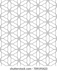 Seamless geometric line pattern in arabian style. Repeating linear lace texture for wallpaper, packaging, banners, invitations, business cards, fabric print. Black and white graphic background