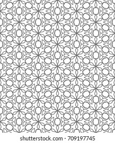 Seamless geometric line pattern in arabian style. Repeating linear lace texture for wallpaper, packaging, banners, invitations, business cards, fabric print. Black and white graphic background