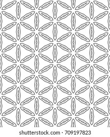 Seamless geometric line pattern in arabian style. Repeating linear lace texture for wallpaper, packaging, banners, invitations, business cards, fabric print. Black and white graphic background