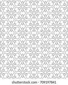 Seamless geometric line pattern in arabian style. Repeating linear lace texture for wallpaper, packaging, banners, invitations, business cards, fabric print. Black and white graphic background