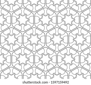 Seamless geometric line pattern in arabic style. Repeating linear texture for wallpaper, packaging, banner, invitation, business card, fabric print. Black and white graphic background, lace pattern