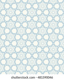Seamless geometric line pattern. Contemporary graphic design. Endless hexagon texture for wallpaper, pattern fills, web page. Ethnic arabic indian ornament. Blue and white seamless lace background