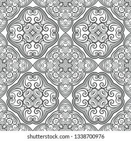 Seamless geometric line pattern in eastern or arabic style. Exquisite monochrome texture. Black and white graphic background, lace pattern.