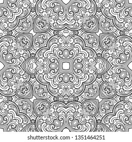 Seamless geometric line pattern in eastern or arabic style. Exquisite monochrome texture. Black and white graphic background, lace pattern.