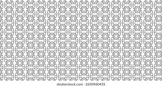Seamless geometric line pattern with floral-inspired loops in vertical repetition. Ideal for textiles, wallpapers, or backgrounds. Black outlines on white.