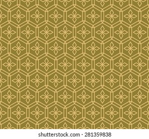 Seamless Geometric Line Pattern of Flowers of Four Petals in Hexagonal Cells. Golden Color.