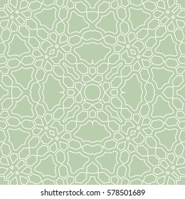 Seamless geometric line pattern. Interlacing texture for wallpaper, banners, invitation cards, fabric print. Tribal ethnic linear seamless background in indian, islamic, arabic style. Green and white